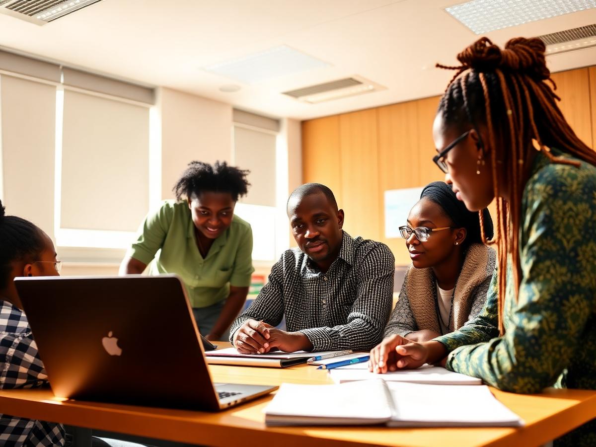 Nigerian teachers reviewing student records on a laptop